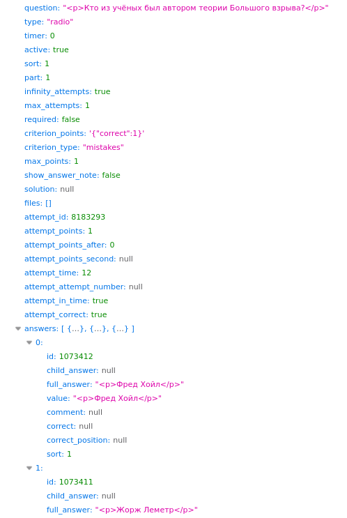Результат теста с вопросами и списками вариантов ответов и пометкой о том,
какой из них верный