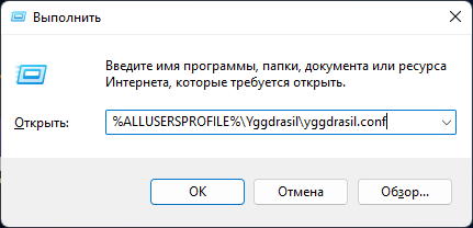Окно приложения “Выполнить” с путём до конфига Yggdrasil
