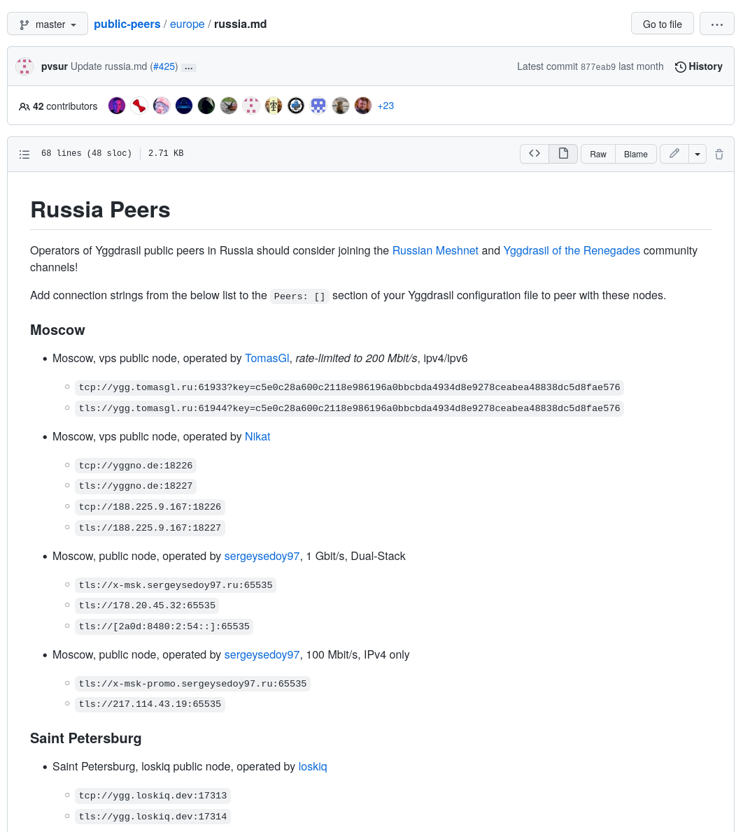 Список публичных пиров Yggdrasil в России