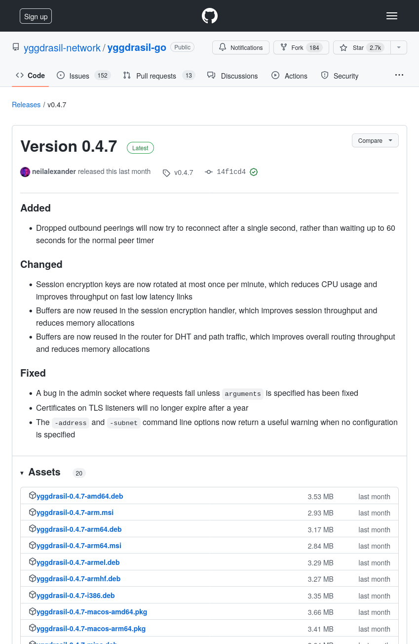Страница последнего релиза Yggdrasil на GitHub
